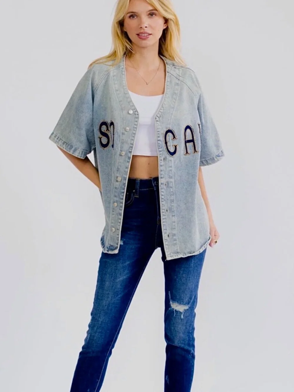 SO CAL Denim Short Sleeve Jean Jacket Shirt Medium-Wash Size Small - Picture 2 of 8